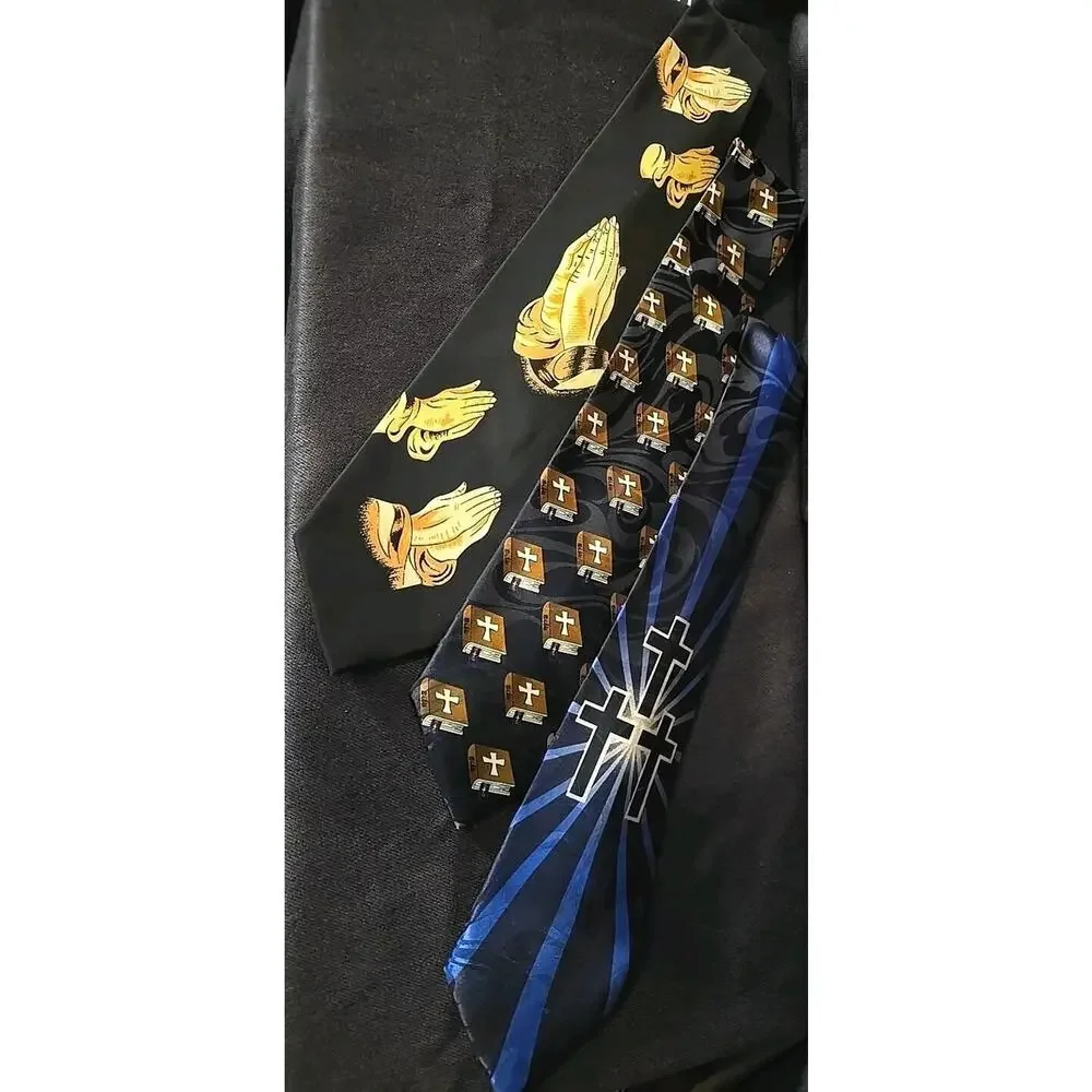 Lot Of 3 Men's Neckties Religious Ties Praying Hands Cross Bible Preacher Pastor